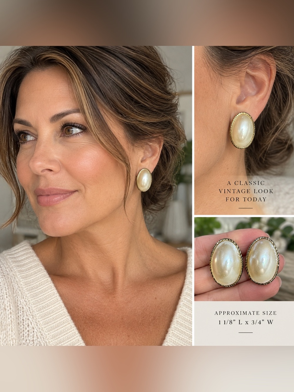 Vintage 80s Faux Pearl Gold Tone Oval Statement Earrings